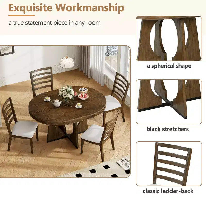 Farmhouse Extendable Round Dining Set for 4, Wood Round Kitchen Table with Leaf, 4 Upholstered Chairs for Dining Room