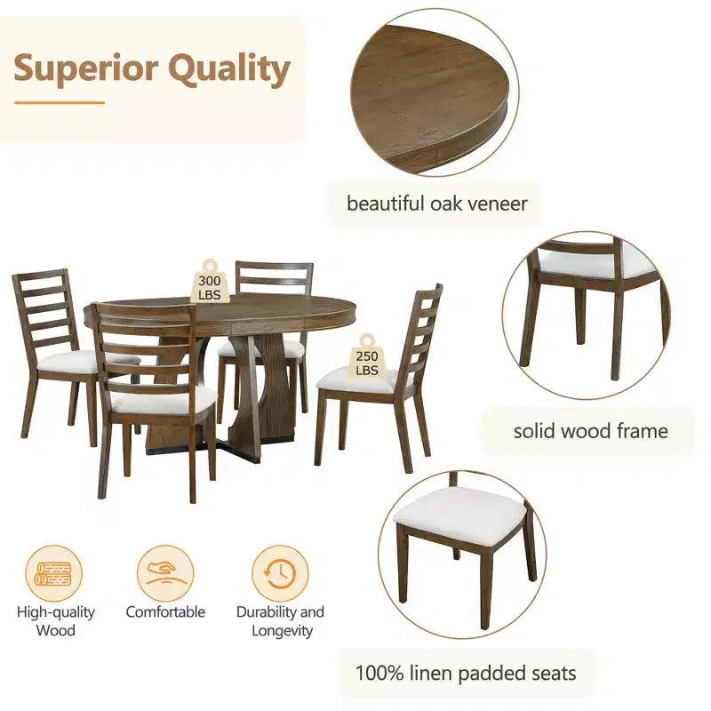 Farmhouse Extendable Round Dining Set for 4, Wood Round Kitchen Table with Leaf, 4 Upholstered Chairs for Dining Room