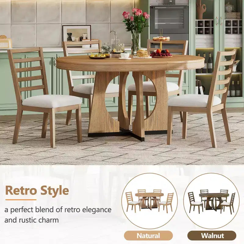 Farmhouse Extendable Round Dining Set for 4, Wood Round Kitchen Table with Leaf, 4 Upholstered Chairs for Dining Room