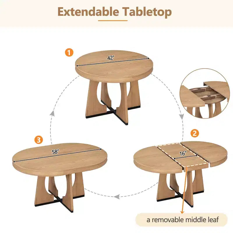 Farmhouse Extendable Round Dining Set for 4, Wood Round Kitchen Table with Leaf, 4 Upholstered Chairs for Dining Room