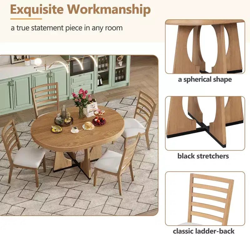 Farmhouse Extendable Round Dining Set for 4, Wood Round Kitchen Table with Leaf, 4 Upholstered Chairs for Dining Room