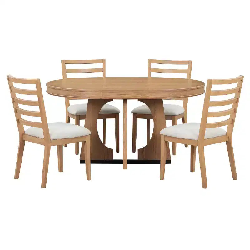 Farmhouse Extendable Round Dining Set for 4, Wood Round Kitchen Table with Leaf, 4 Upholstered Chairs for Dining Room