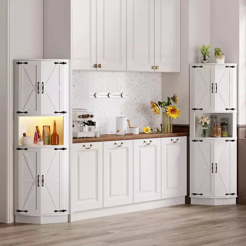 65 Tall Farmhouse Corner Cabinet with Light, Display Storage Cabinet with Barn Door, 5 Tier Shelves , Space Organizer for Living Room