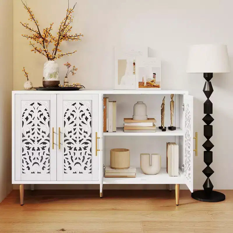 47.8 4-Door Buffet Cabinet, Vintage Carved Wood Accent Sideboard with Hollow Carving, Storage Credenza for Living Room, Dining Room, Entryway