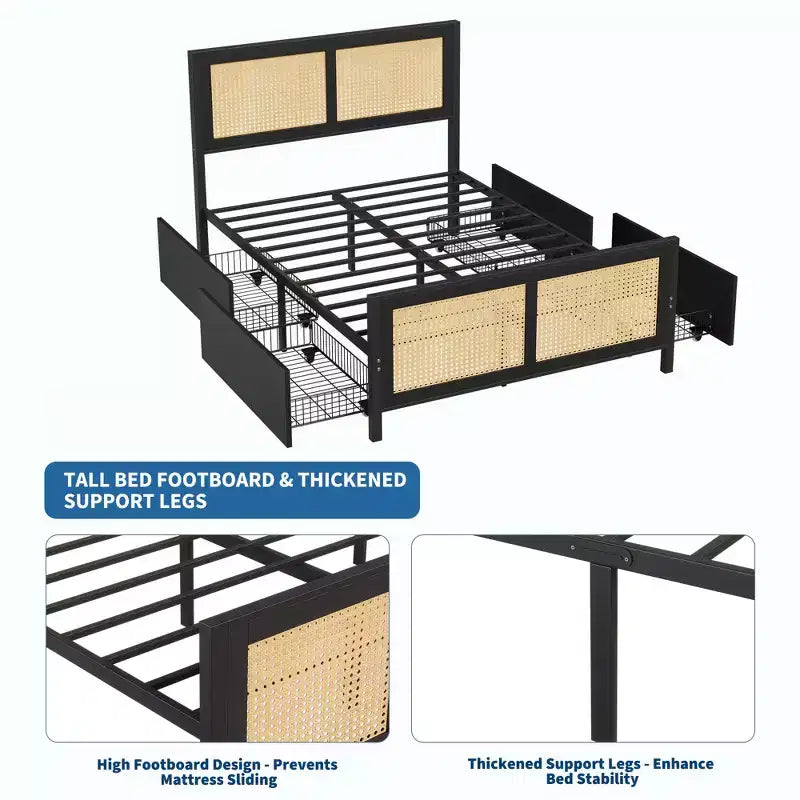 Boho Rattan Bed Frame with Headboard  Cane Platform, 4 Large Storage Drawers, Noise-Free Strong Metal Slats, Easy Assembly
