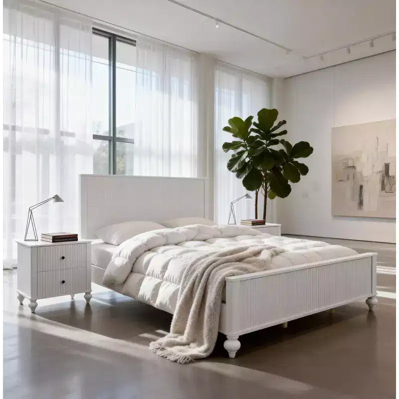 Queen/King Size Platform Bed Frame with Headboard & Footboard, Grooved Panels, Walnut/White - ModernLuxe