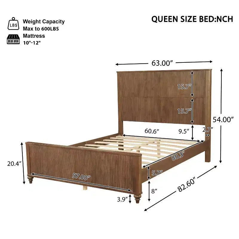 Queen/King Size Platform Bed Frame with Headboard & Footboard, Grooved Panels, Walnut/White - ModernLuxe