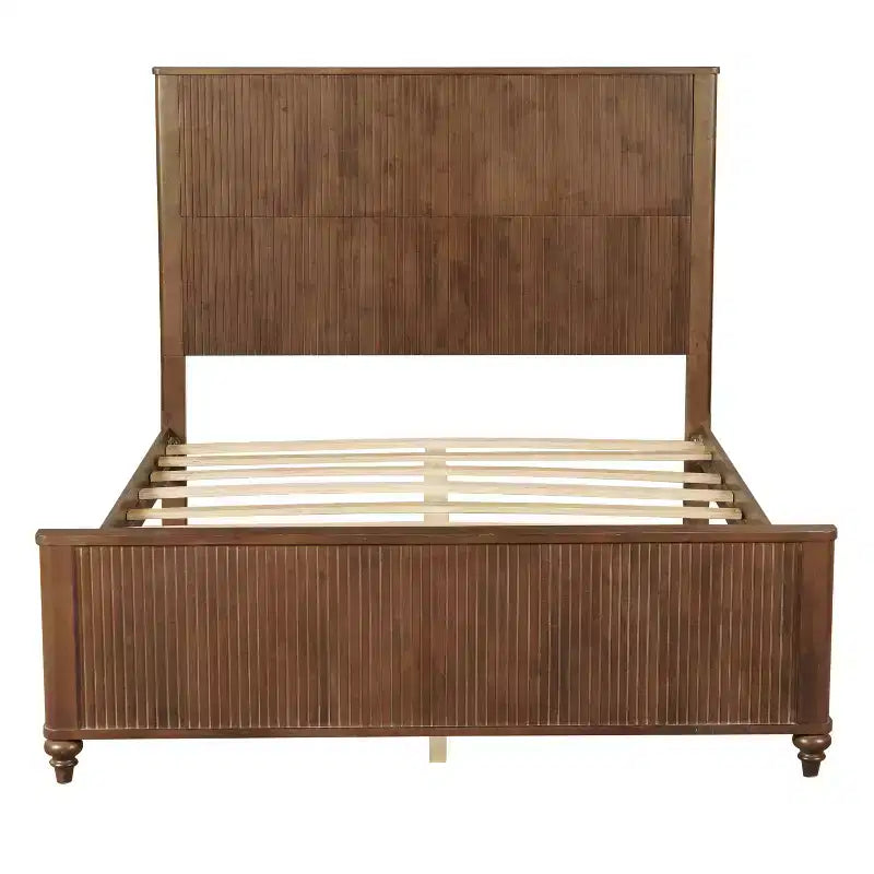 Queen/King Size Platform Bed Frame with Headboard & Footboard, Grooved Panels, Walnut/White - ModernLuxe