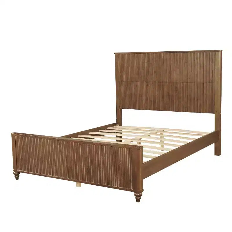 Queen/King Size Platform Bed Frame with Headboard & Footboard, Grooved Panels, Walnut/White - ModernLuxe