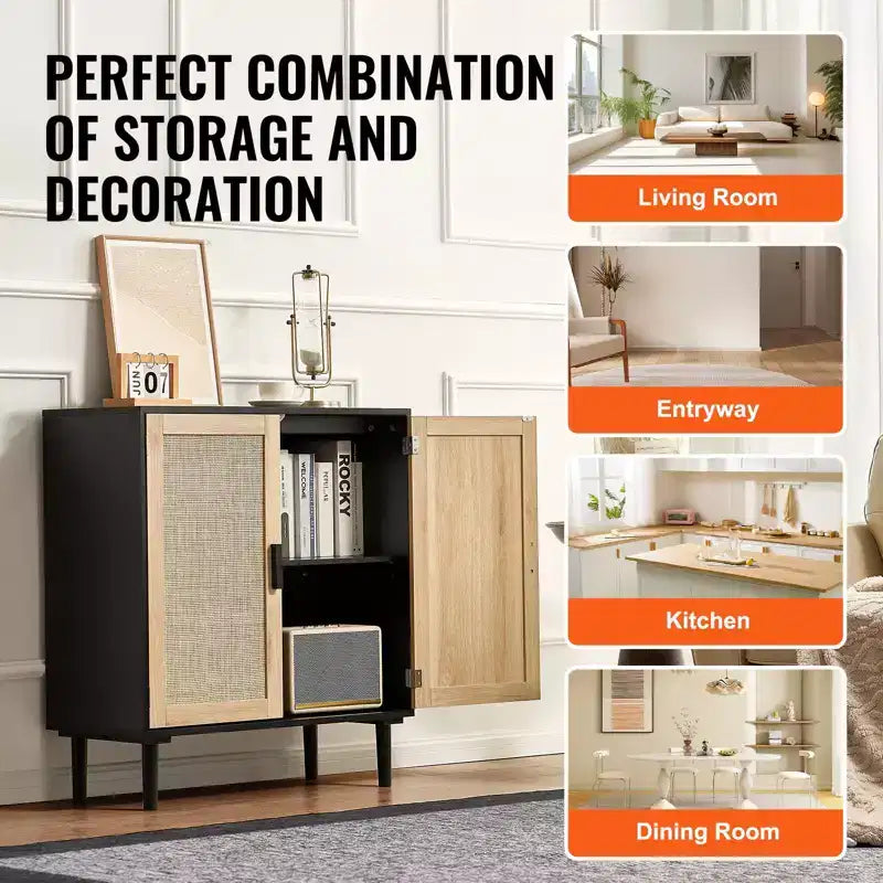 Rattan Storage Cabinet with 2 Magnetic Doors and Adjustable Shelves Sideboard Buffet Black