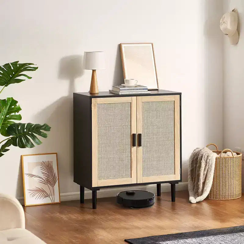 Rattan Storage Cabinet with 2 Magnetic Doors and Adjustable Shelves Sideboard Buffet Black