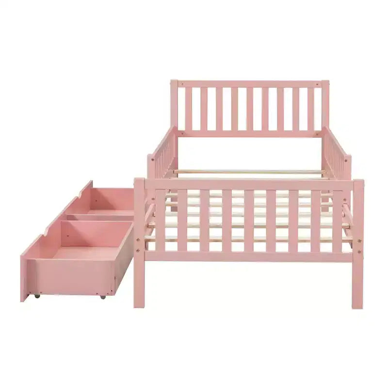 MAYEERTY Twin Size Wood Platform Bed with Guardrails on Both Sides and Two Storage Drawers Pink