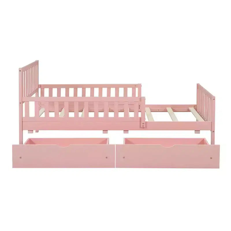 MAYEERTY Twin Size Wood Platform Bed with Guardrails on Both Sides and Two Storage Drawers Pink