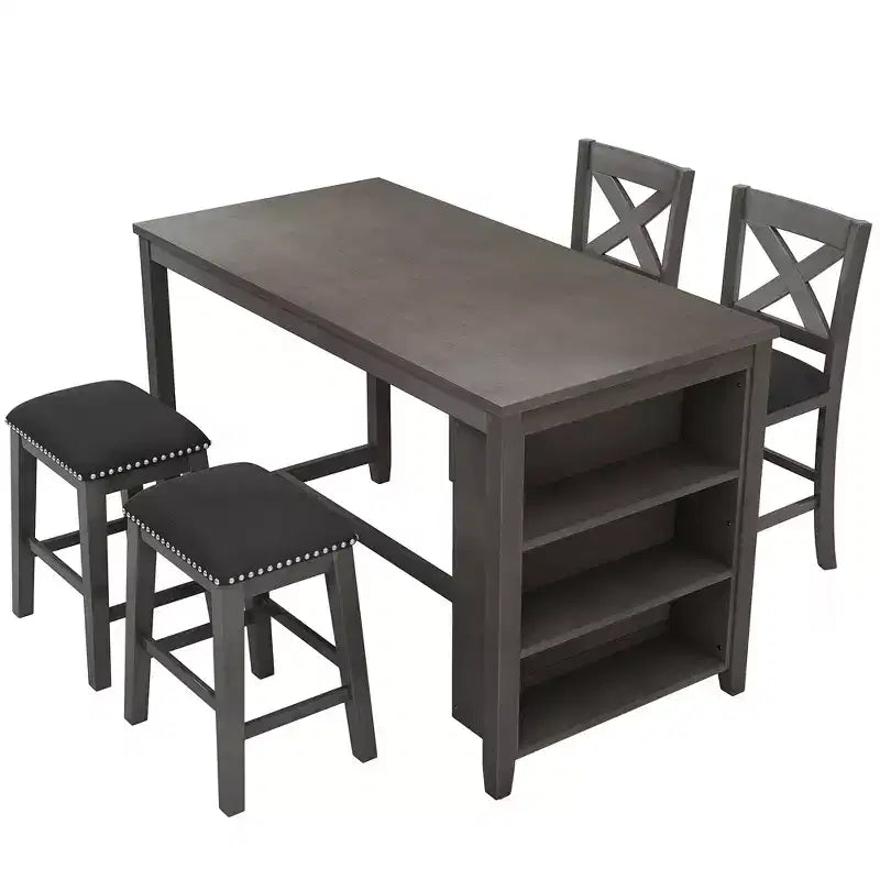 Counter Height Dining Table Set for 4, Wood Bar Table with Storage shelf and 2 stools & 2 Chairs for Small Places