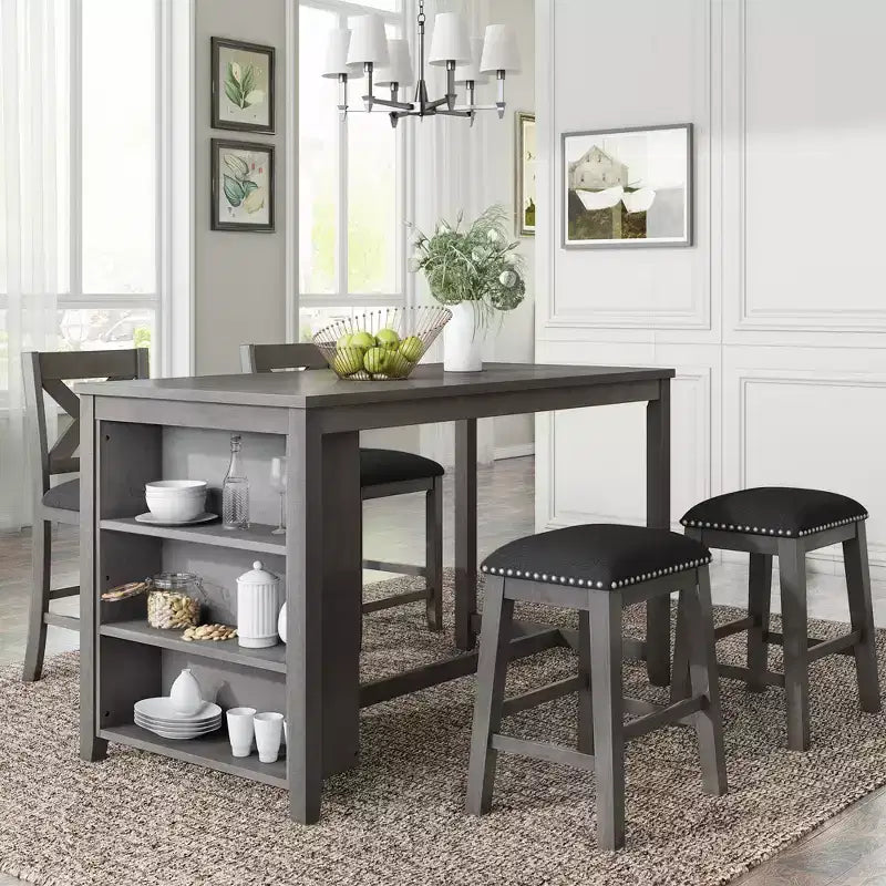 Counter Height Dining Table Set for 4, Wood Bar Table with Storage shelf and 2 stools & 2 Chairs for Small Places