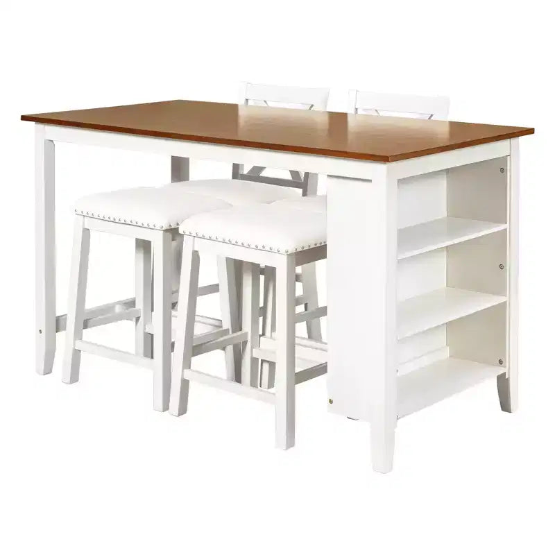 Counter Height Dining Table Set for 4, Wood Bar Table with Storage shelf and 2 stools & 2 Chairs for Small Places