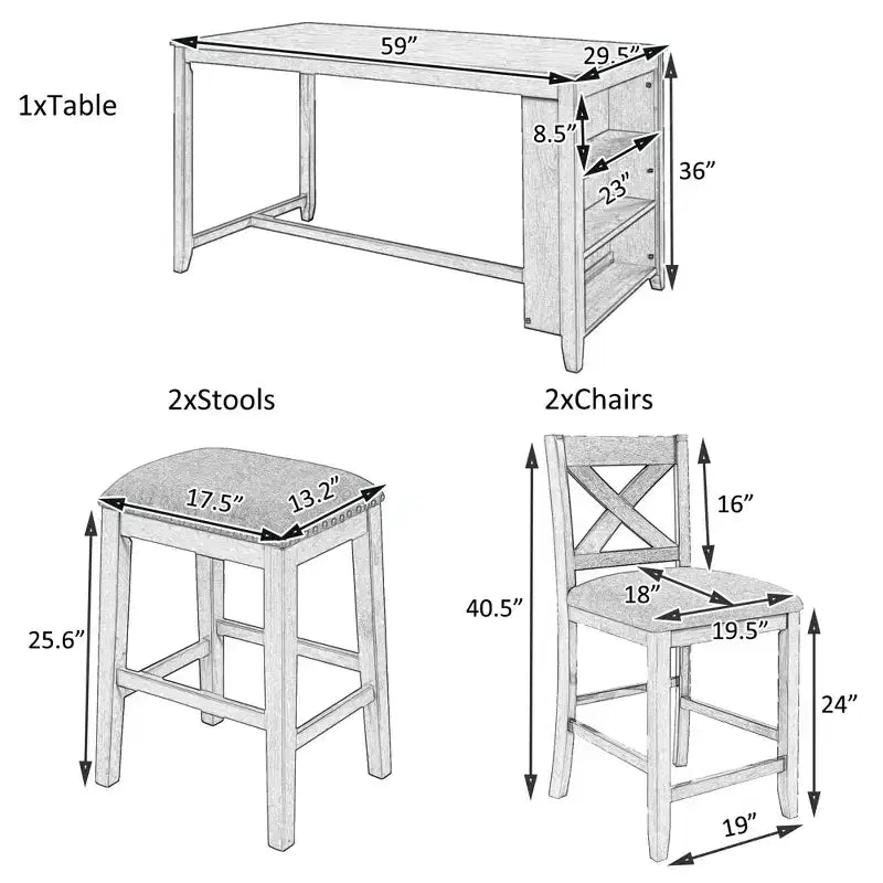 Counter Height Dining Table Set for 4, Wood Bar Table with Storage shelf and 2 stools & 2 Chairs for Small Places