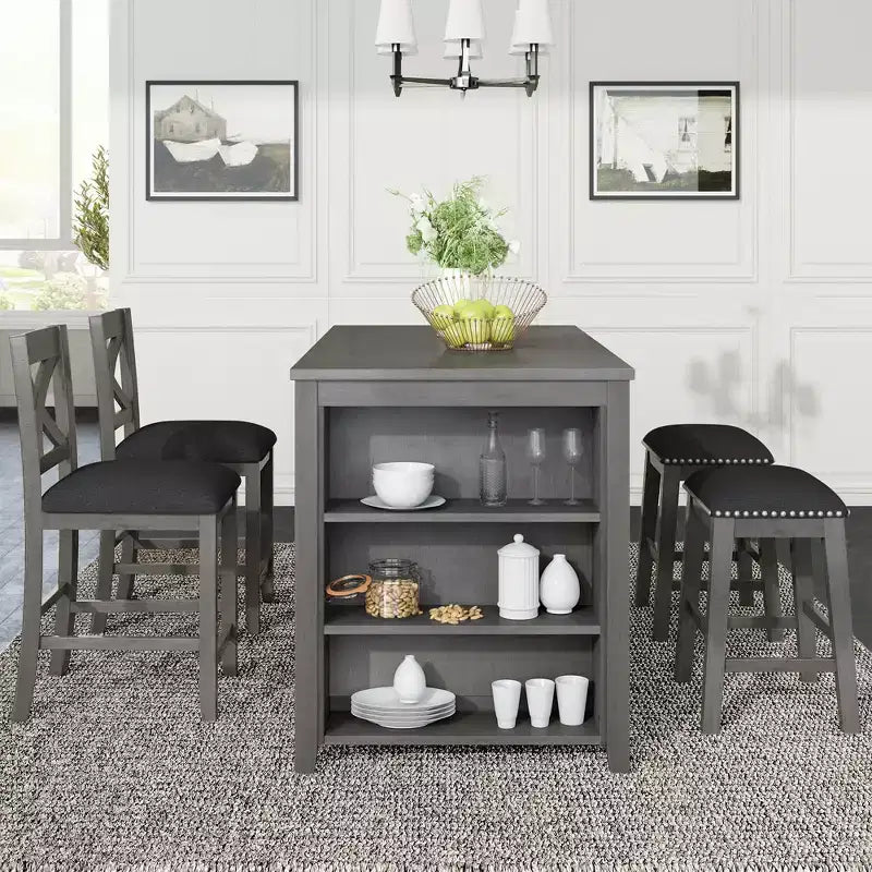 Counter Height Dining Table Set for 4, Wood Bar Table with Storage shelf and 2 stools & 2 Chairs for Small Places