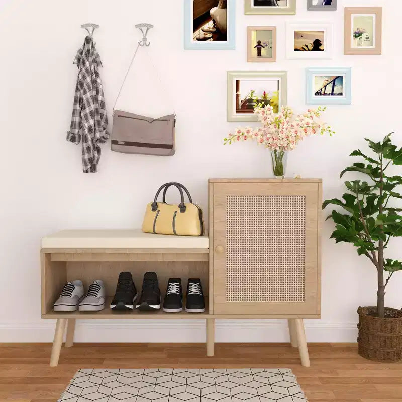 2-in-1 Shoe Storage Bench, PP Rattan Shoe Cabinet with 2 Adjustable Shelves and Removable Seat Cushion,Shoe Storage Organizer