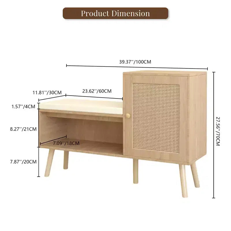 2-in-1 Shoe Storage Bench, PP Rattan Shoe Cabinet with 2 Adjustable Shelves and Removable Seat Cushion,Shoe Storage Organizer