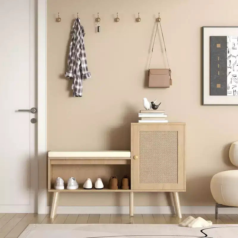 2-in-1 Shoe Storage Bench, PP Rattan Shoe Cabinet with 2 Adjustable Shelves and Removable Seat Cushion,Shoe Storage Organizer