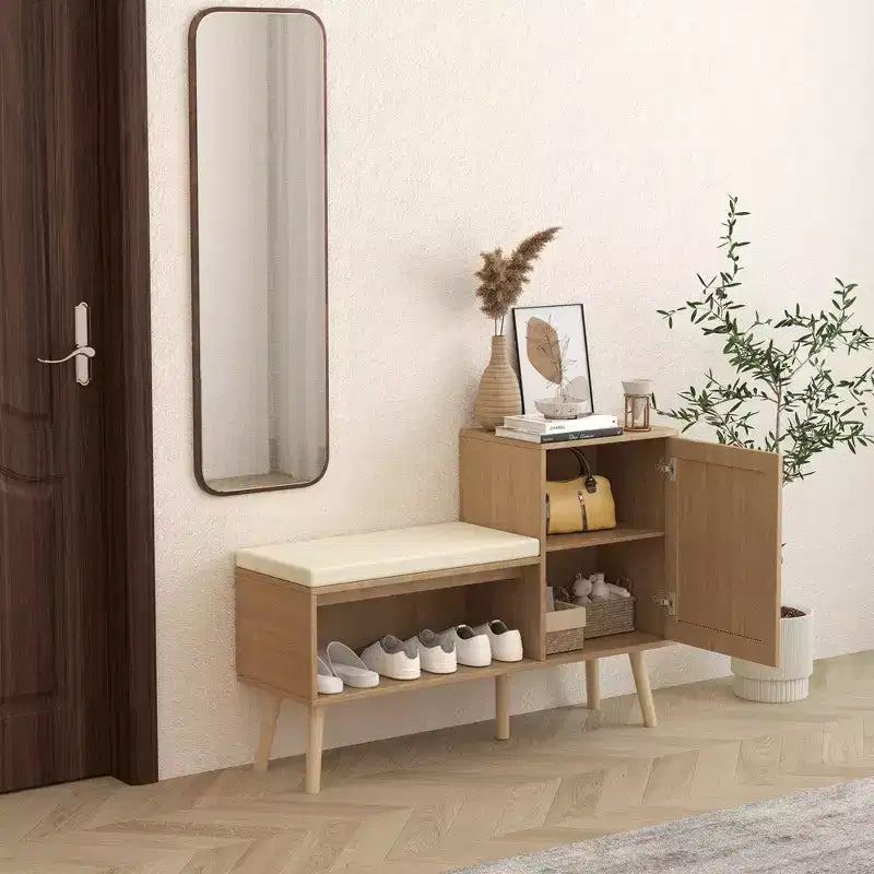 2-in-1 Shoe Storage Bench, PP Rattan Shoe Cabinet with 2 Adjustable Shelves and Removable Seat Cushion,Shoe Storage Organizer