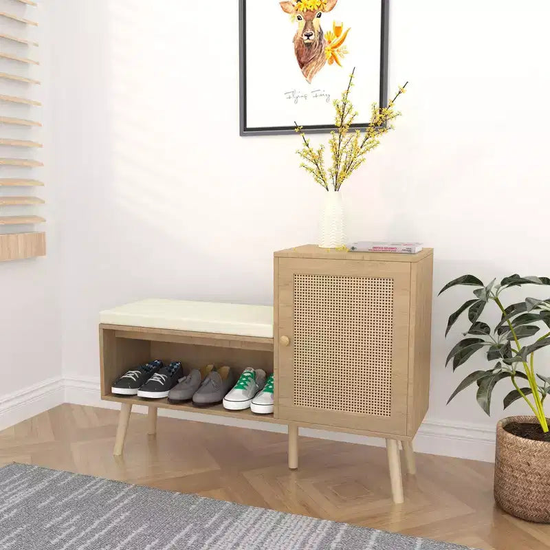 2-in-1 Shoe Storage Bench, PP Rattan Shoe Cabinet with 2 Adjustable Shelves and Removable Seat Cushion,Shoe Storage Organizer
