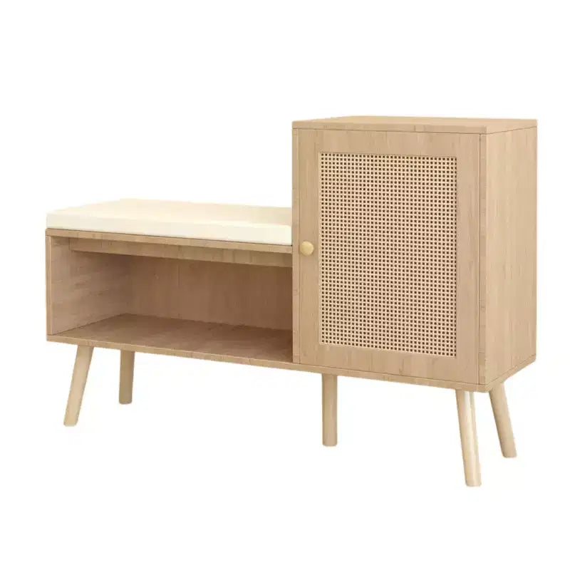 2-in-1 Shoe Storage Bench, PP Rattan Shoe Cabinet with 2 Adjustable Shelves and Removable Seat Cushion,Shoe Storage Organizer