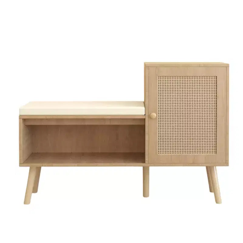 2-in-1 Shoe Storage Bench, PP Rattan Shoe Cabinet with 2 Adjustable Shelves and Removable Seat Cushion,Shoe Storage Organizer