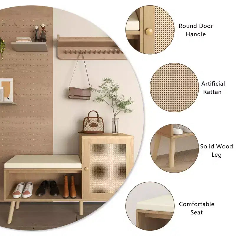 2-in-1 Shoe Storage Bench, PP Rattan Shoe Cabinet with 2 Adjustable Shelves and Removable Seat Cushion,Shoe Storage Organizer