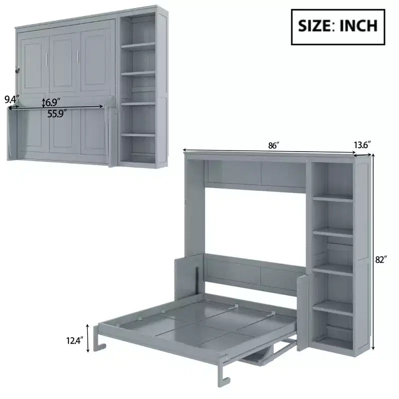 Full/Queen Size Murphy Bed with Bookshelf, Wooden Cabinet Bed Wall Bed with Desk, Folding Wall Chest Bed for Guest Room Office