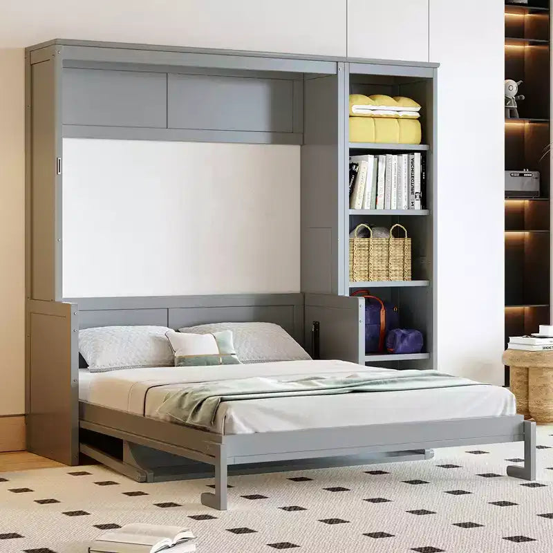 Full/Queen Size Murphy Bed with Bookshelf, Wooden Cabinet Bed Wall Bed with Desk, Folding Wall Chest Bed for Guest Room Office