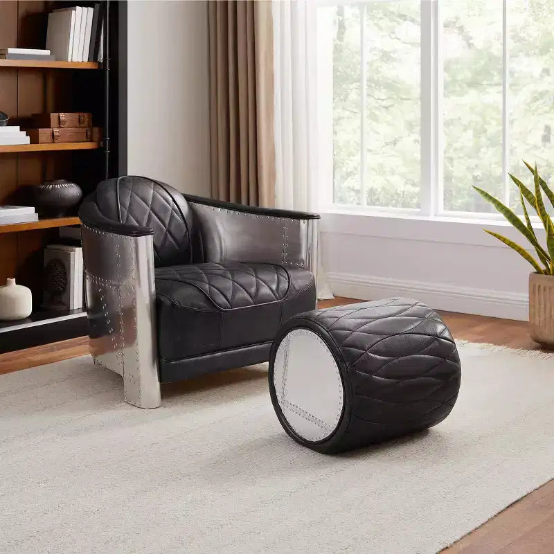 Art Leon Industrial Genuine Leather and Aluminum Ottoman with Multi-Functional