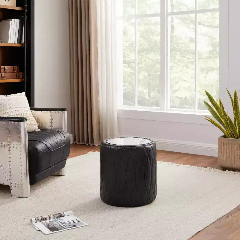 Art Leon Industrial Genuine Leather and Aluminum Ottoman with Multi-Functional