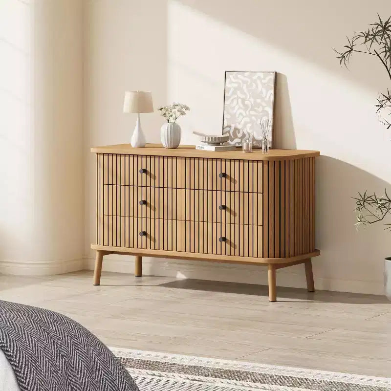 6 Drawer Dresser for Bedroom, Chests of Double Drawers, Boho Wooden Dresser with Black Handles, Beside Table for Closet, Living Room