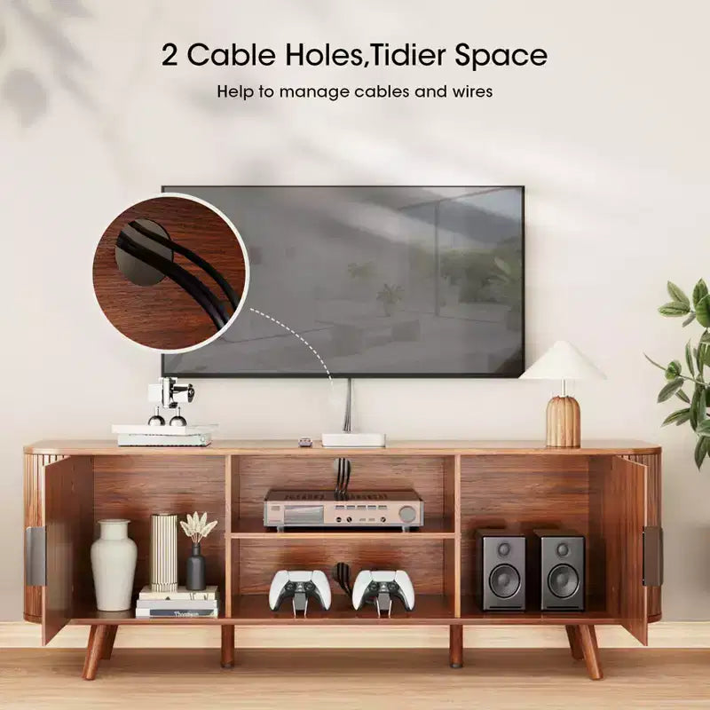 Curved Edge TV Stand Walnut Finish Media Console for 65 Inch TV Modern Fluted Door Credenza with Storage Mid Century Living Room Furniture