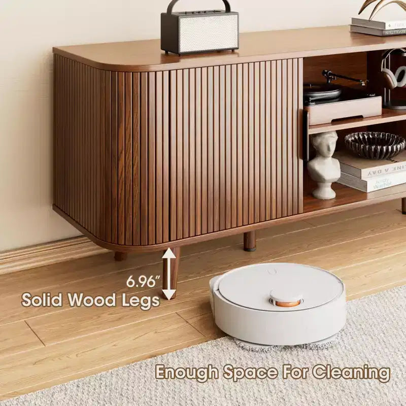Curved Edge TV Stand Walnut Finish Media Console for 65 Inch TV Modern Fluted Door Credenza with Storage Mid Century Living Room Furniture
