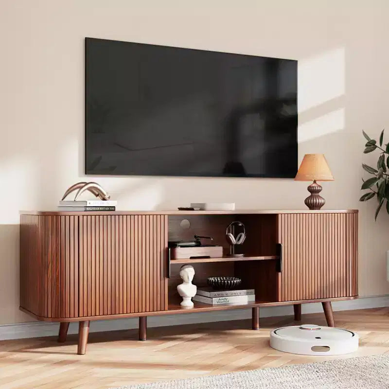 Curved Edge TV Stand Walnut Finish Media Console for 65 Inch TV Modern Fluted Door Credenza with Storage Mid Century Living Room Furniture
