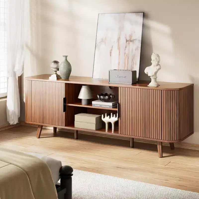 Curved Edge TV Stand Walnut Finish Media Console for 65 Inch TV Modern Fluted Door Credenza with Storage Mid Century Living Room Furniture