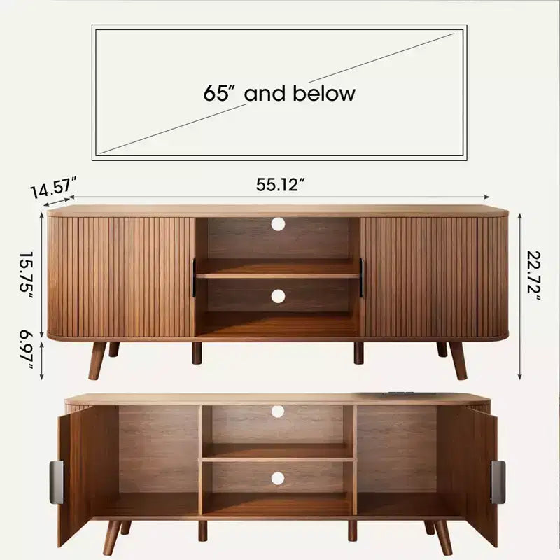 Curved Edge TV Stand Walnut Finish Media Console for 65 Inch TV Modern Fluted Door Credenza with Storage Mid Century Living Room Furniture