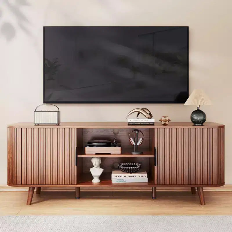 Curved Edge TV Stand Walnut Finish Media Console for 65 Inch TV Modern Fluted Door Credenza with Storage Mid Century Living Room Furniture