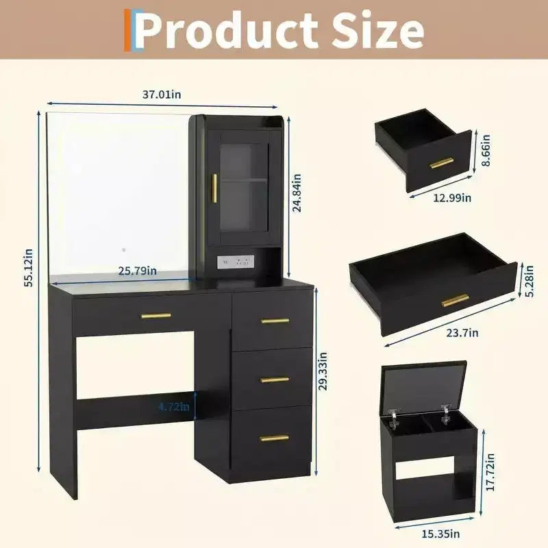COZONY Vanity Desk with Mirror & Lights, Makeup Table w/ Charging Station, 4 Drawers & Stool