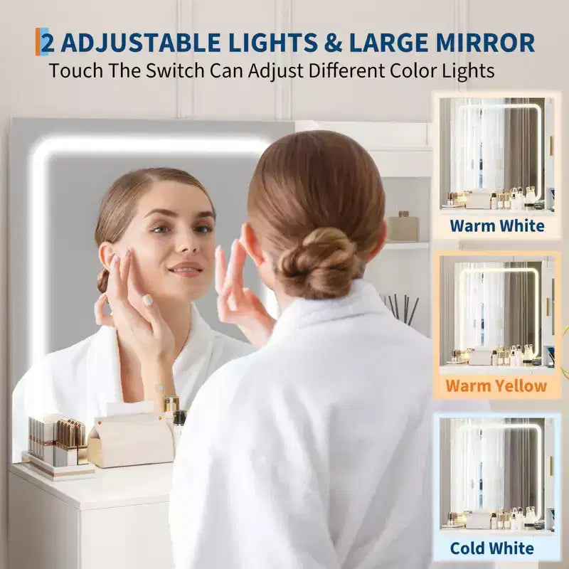 COZONY Vanity Desk with Mirror & Lights, Makeup Table w/ Charging Station, 4 Drawers & Stool