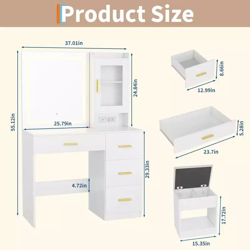 COZONY Vanity Desk with Mirror & Lights, Makeup Table w/ Charging Station, 4 Drawers & Stool