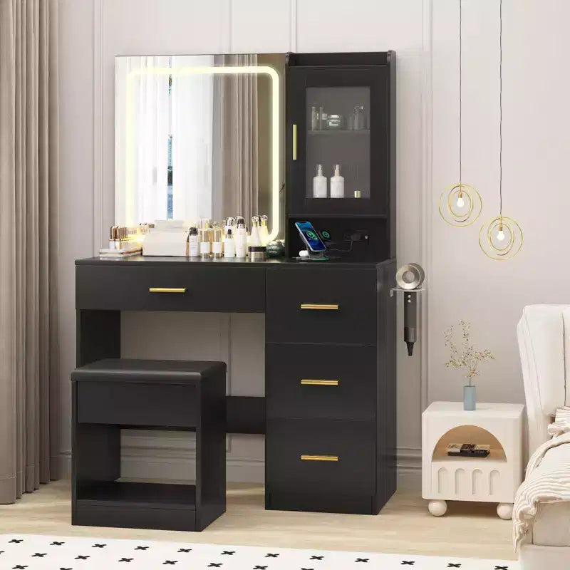 COZONY Vanity Desk with Mirror & Lights, Makeup Table w/ Charging Station, 4 Drawers & Stool