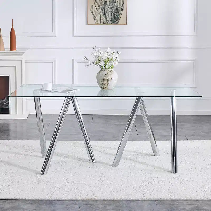 71-Inch Tempered Glass Dining Table with Sturdy Metal Legs, Impact and Heat Resistant for Family Dining