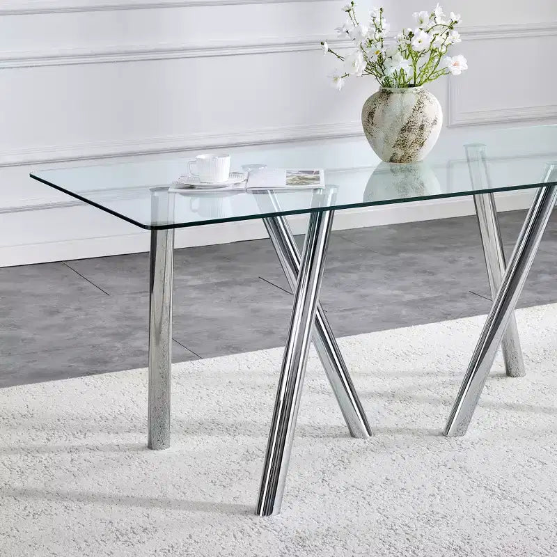 71-Inch Tempered Glass Dining Table with Sturdy Metal Legs, Impact and Heat Resistant for Family Dining