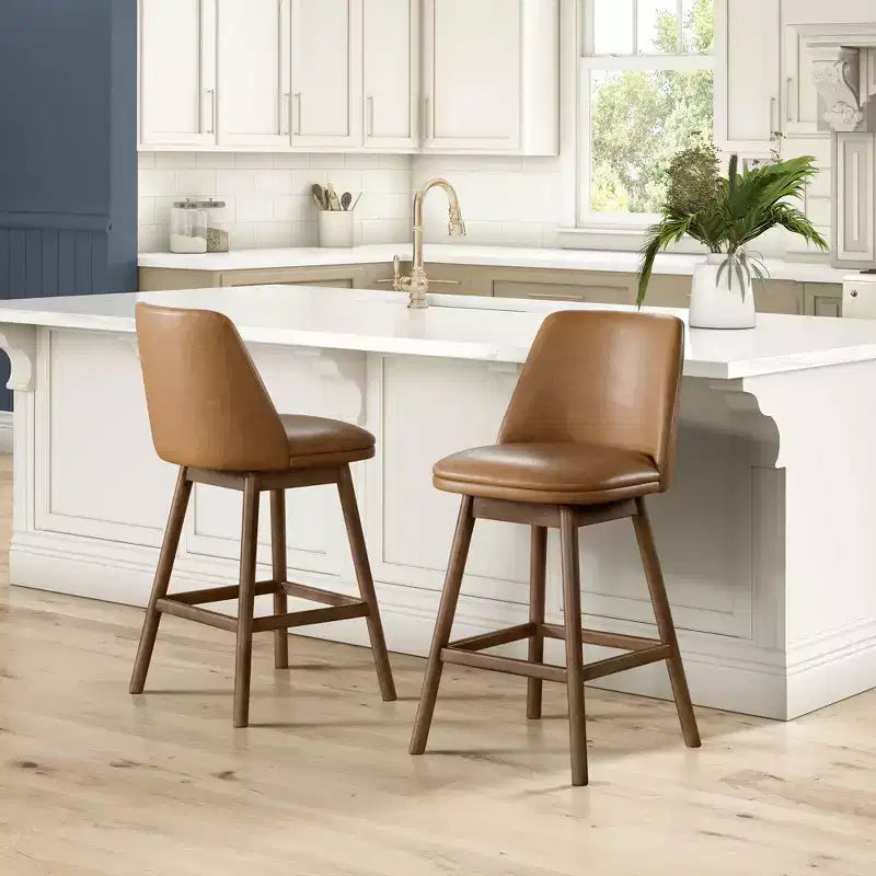 ROME + OAK Rowan 26 Inch Swivel Counter Height Stool in Walnut Finish with Brown Vegan Leather Upholstery Seat - Kitchen or Dining Room Furniture