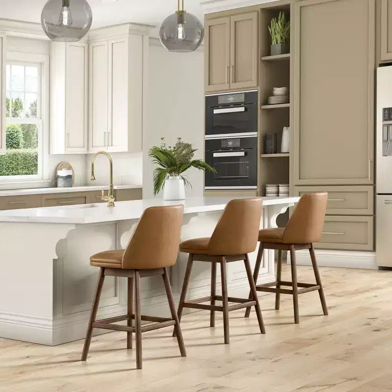 ROME + OAK Rowan 26 Inch Swivel Counter Height Stool in Walnut Finish with Brown Vegan Leather Upholstery Seat - Kitchen or Dining Room Furniture