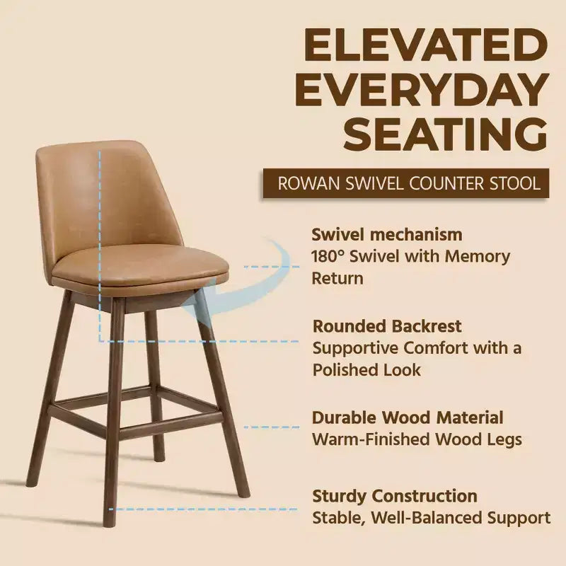 ROME + OAK Rowan 26 Inch Swivel Counter Height Stool in Walnut Finish with Brown Vegan Leather Upholstery Seat - Kitchen or Dining Room Furniture